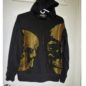 Heads or Tails Long Sleeve Hoodie (Blinged Gold Skulls) Black women's Sz Small